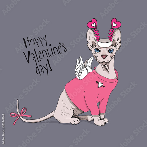 Card of a Valentine's Day. Sphynx Cat in a pink dress with wings,and in a fun crown. Vector illustration.
