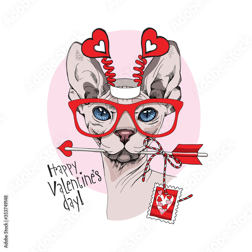 Card of a Valentine's Day. Sphynx Cat in a glasses, fun crown and with a Love arrow. Vector illustration.