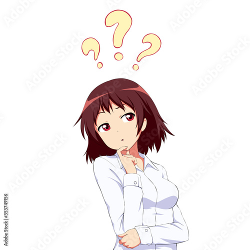Young confused woman with question marks above her head