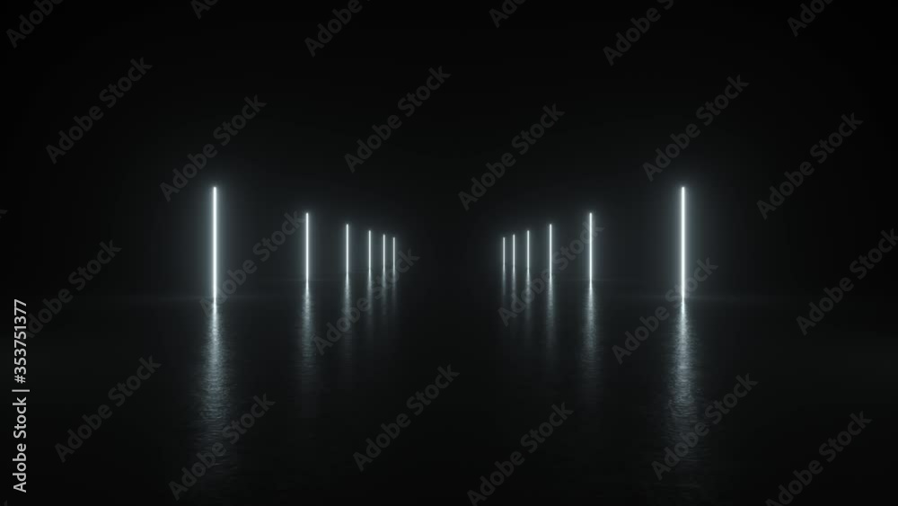 4K Animation Loop Futuristic Sci Fi Lines White Neon Tube Lights Glowing In Concrete Floor Room With Reflections Empty Space. Alien, Spaceship, Future, Arch. Moving forward. 3D Rendering