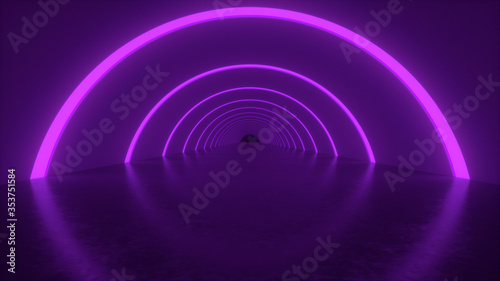 Illuminated corridor interior design. Modern. Hallway with lights. Abstract modern minimalist empty purple. Science fiction colorful neon vivid background. Empty space for text. 3D render