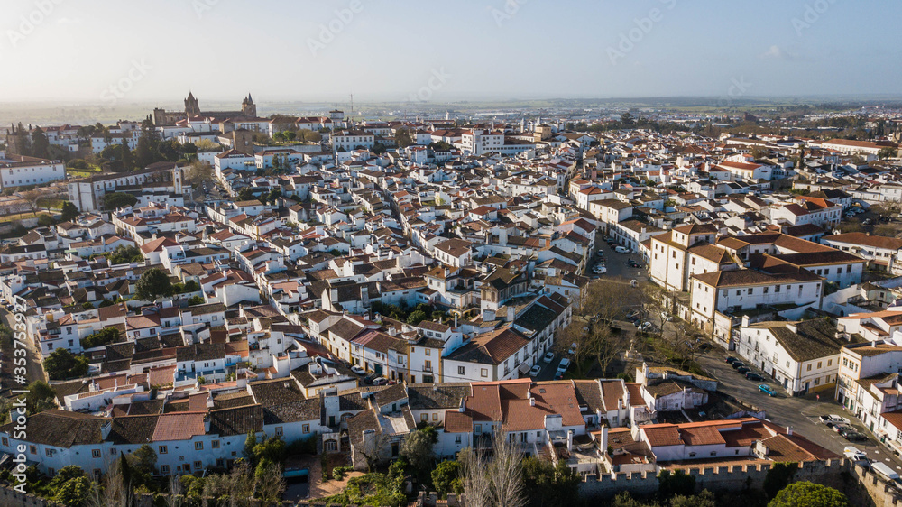 Aerial view of the historic center of the city of Évora, Portugal. Beautiful panoramic view of the city of Évora, in the Alentejo