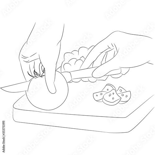 Vector illustration flat design. Cutting vegetables on the board, doodle.