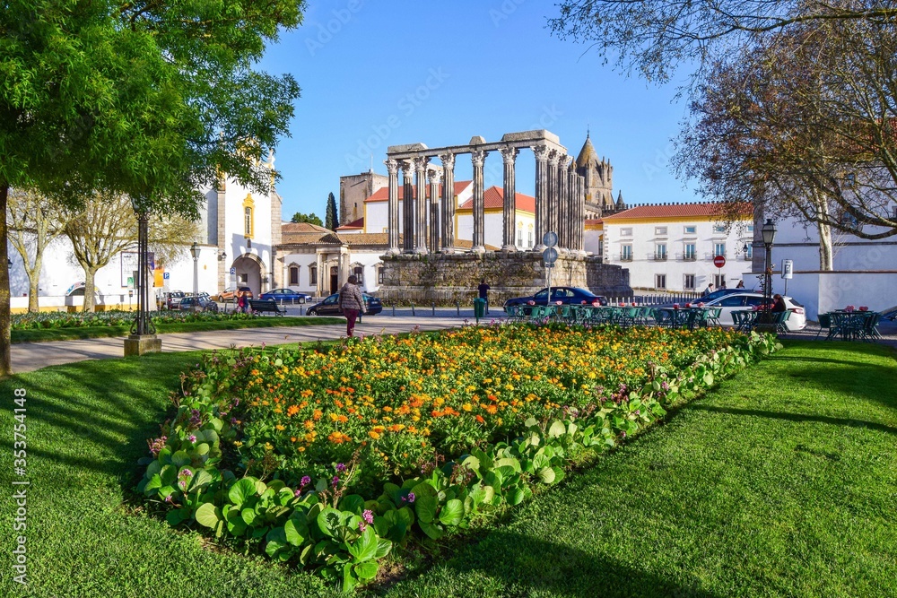 Jardim Diana and ruins of the Roman temple of Évora, Portugal. Roman ruins in the historic center of Évora