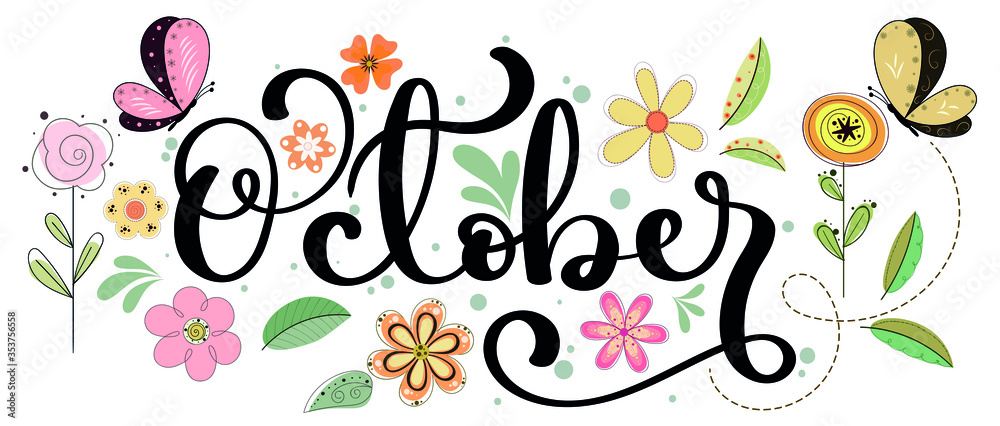 Hello October. OCTOBER month vector with flowers and leaves. Decoration floral. Illustration month October	
