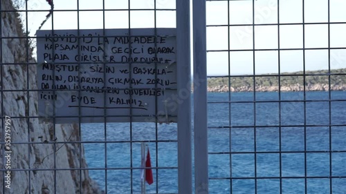 KAS, ANTALYA, TURKEY, MAY 22, 2020: Coronavirus days in Kaputas Beach. Video of no entrance sign.