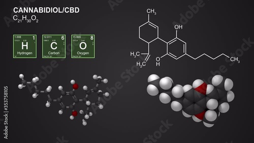 Animated models of cannabidiol cbd molecule, seamless loop, 4k photo