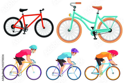 Cartoon Color Different Bicycles Icon Set, Sport Flat Design. Colorful bicycle Vector flat illustration, isolated on white background. Bicycle vector illustration.