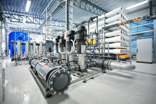 Pump station for reverse osmosis industrial city water treatment station. Wide angle perspective. Industry, technology, special equipment, biotechnology, heating, ecology, environment © Aastels