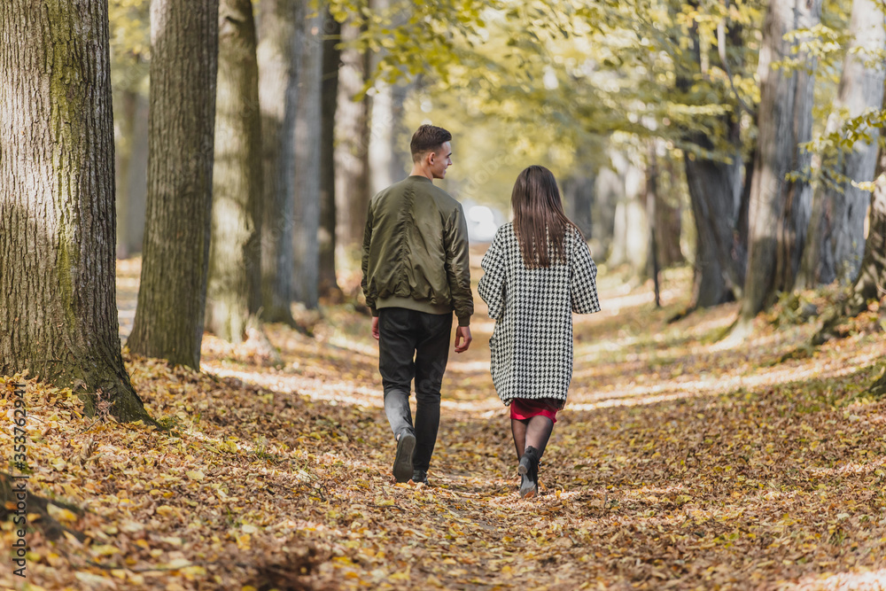 Rear view of young couple walking in park during autumn.