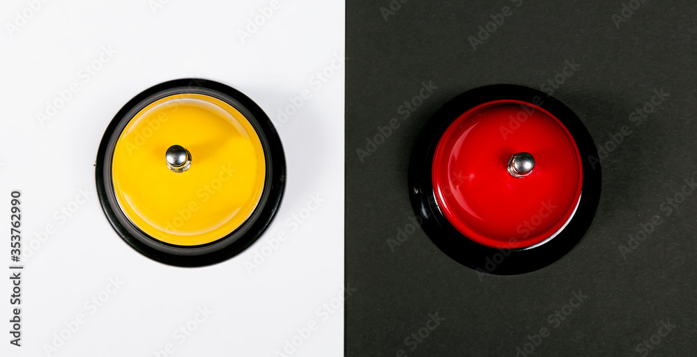 Two buttons: yellow on a white background; red on a black background. Concept
