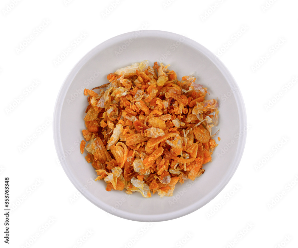 Fried garlic isolated in white plate on a white background Fried garlic isolated in white plate on a white background