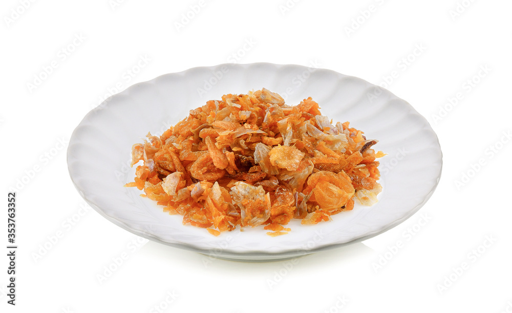 Fried garlic isolated in white plate on a white background Fried garlic isolated in white plate on a white background