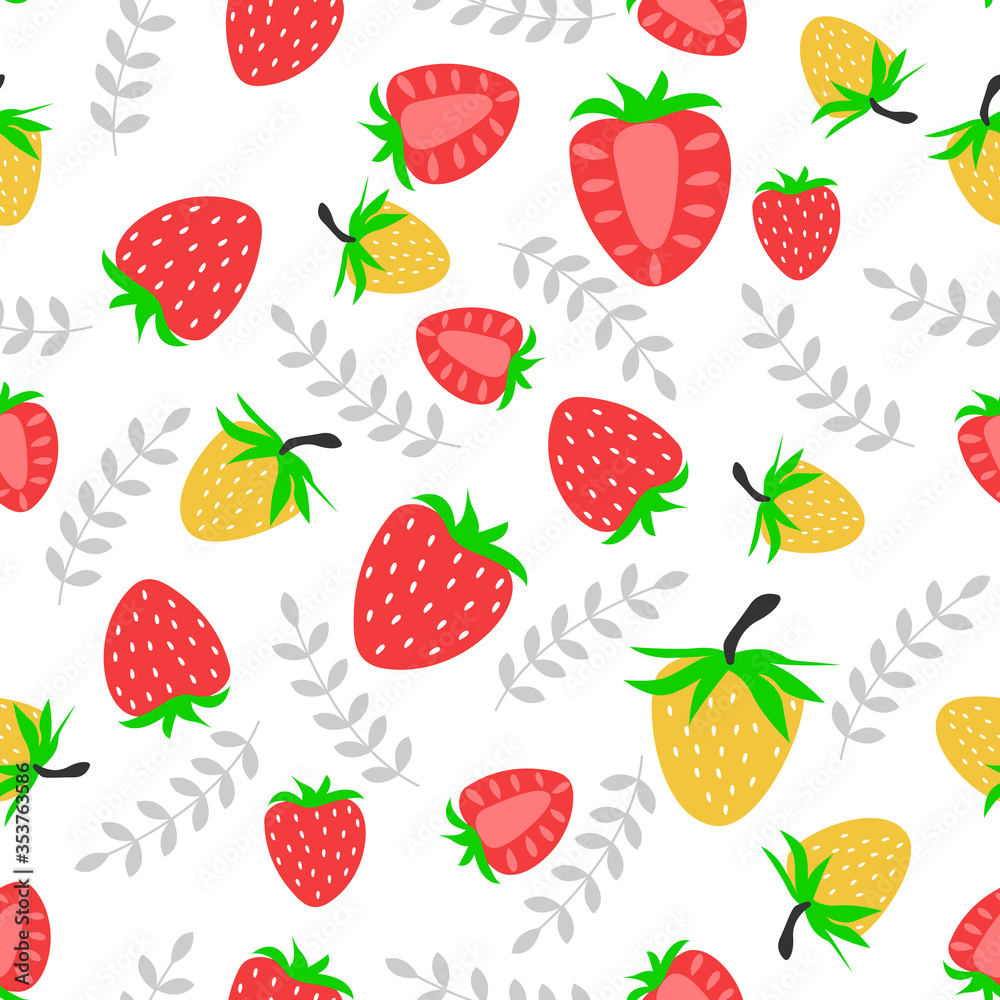 Seamless pattern with berries, flowers and strawberry leaves on white isolated . Vector illustration Seamless pattern with berries, flowers and strawberry leaves on white isolated . Vector illustration