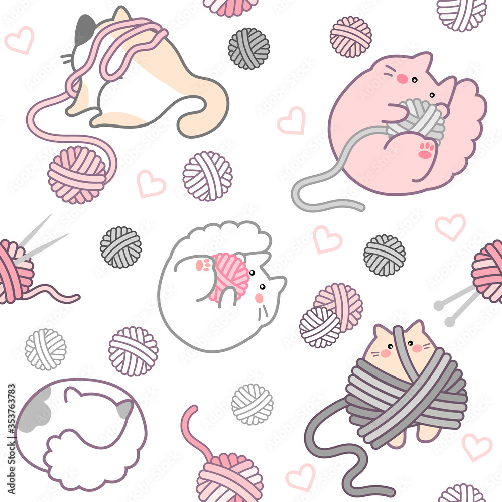 A vector hand-drawn seamless pattern with cute round-shaped cats  playing  with balls of yarn in pink and grey colors on a white background.  Perfect for textile and fabric for kids.