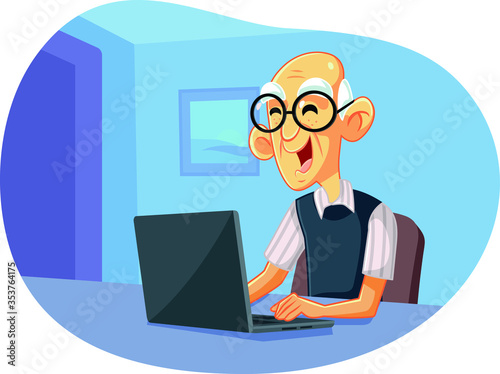 Grandpa Using Laptop Vector Cartoon Illustration
