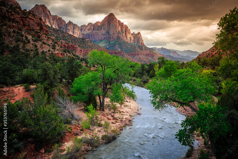 Virgin River and The Watchman Sunset, Zion National Park, Utah