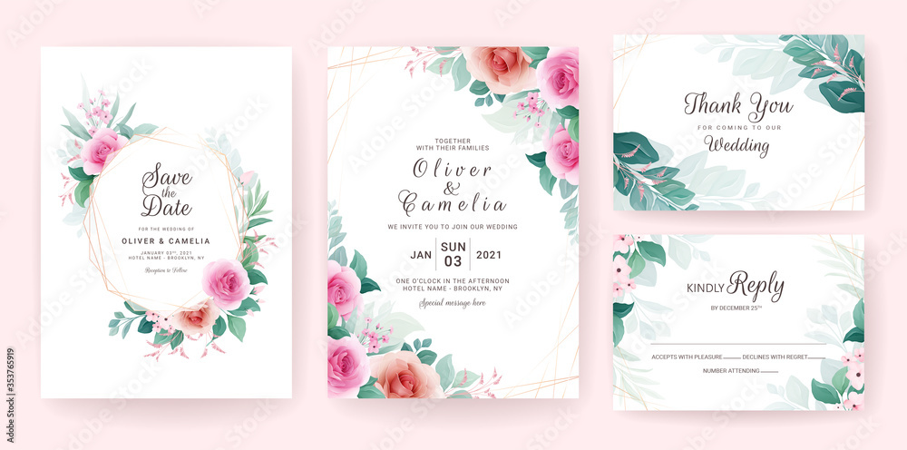 Set of wedding invitation template with floral frame, border, and gold line. Flowers composition vector for save the date, greeting, thank you, rsvp, etc