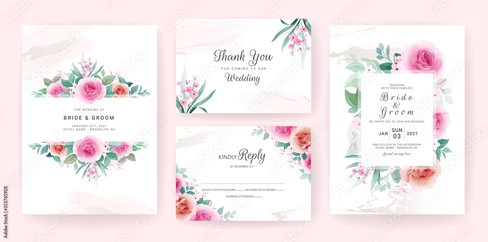 Set of wedding invitation template with floral frame, border, and gold brush stroke. Flowers composition vector for save the date, greeting, thank you, rsvp, etc