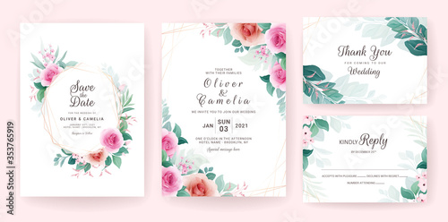 Set of wedding invitation template with floral frame, border, and gold line. Flowers composition vector for save the date, greeting, thank you, rsvp, etc