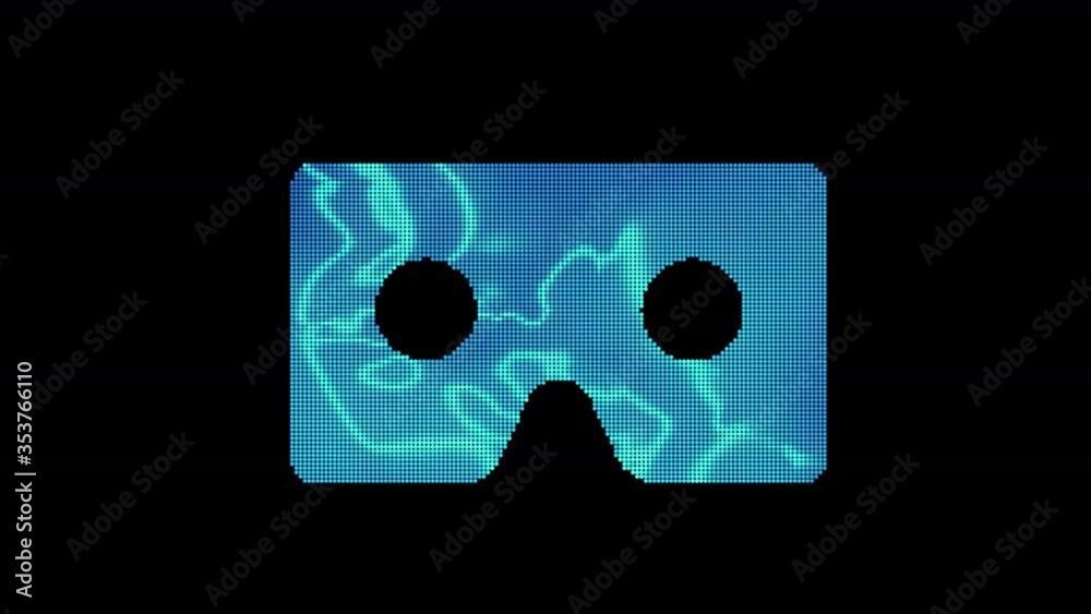 The symbol vr cardboard is assembled from small balls. Then it shimmers with blue. It crumbles and disappears. In - Out loop. Alpha channel The symbol vr cardboard is assembled from small balls. Then it shimmers with blue. It crumbles and disappears. In - Out loop. Alpha channel
