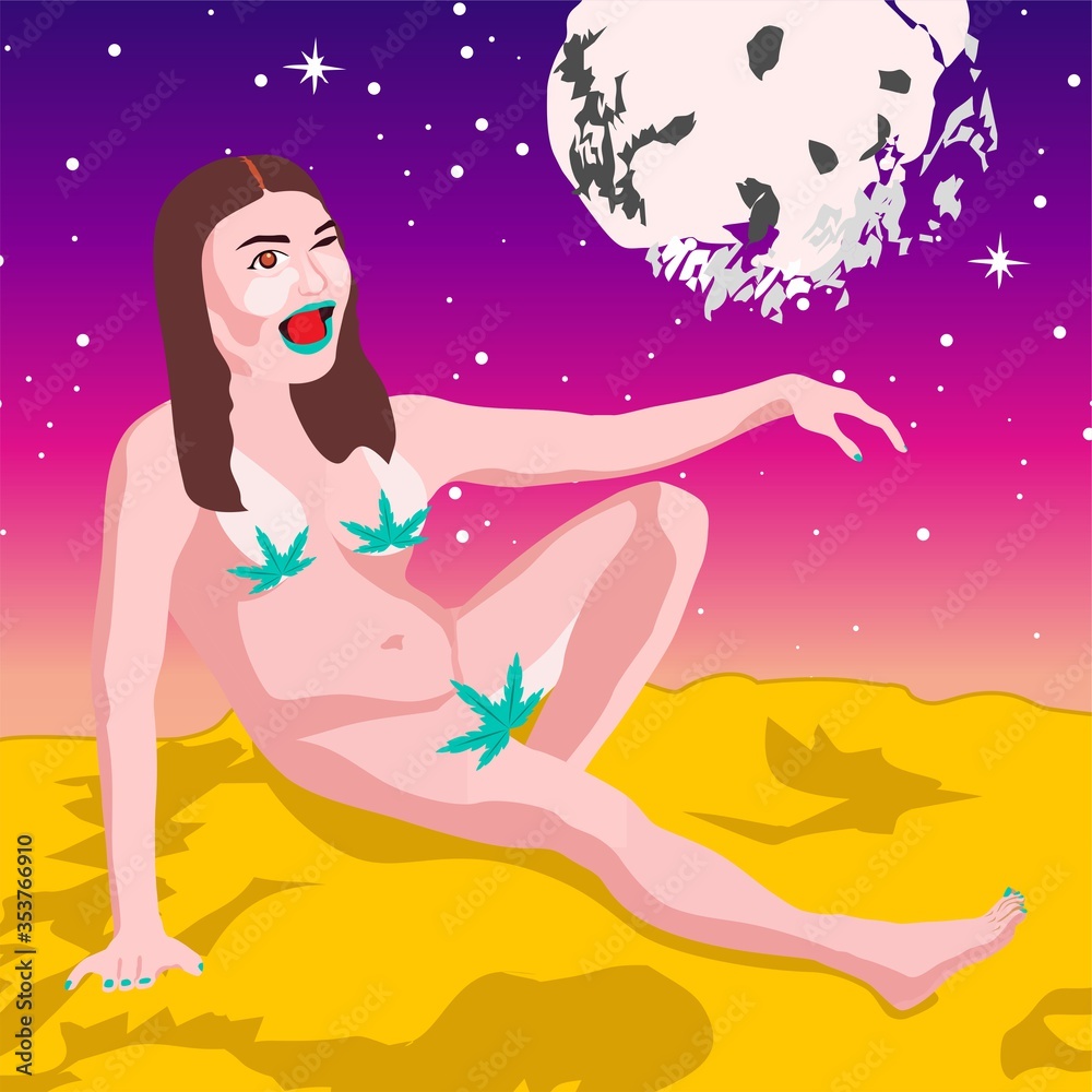 Naked girl looking at the moon and stars cannabis marijuana weed leaf night colourful Naked girl looking at the moon and stars cannabis marijuana weed leaf night colourful