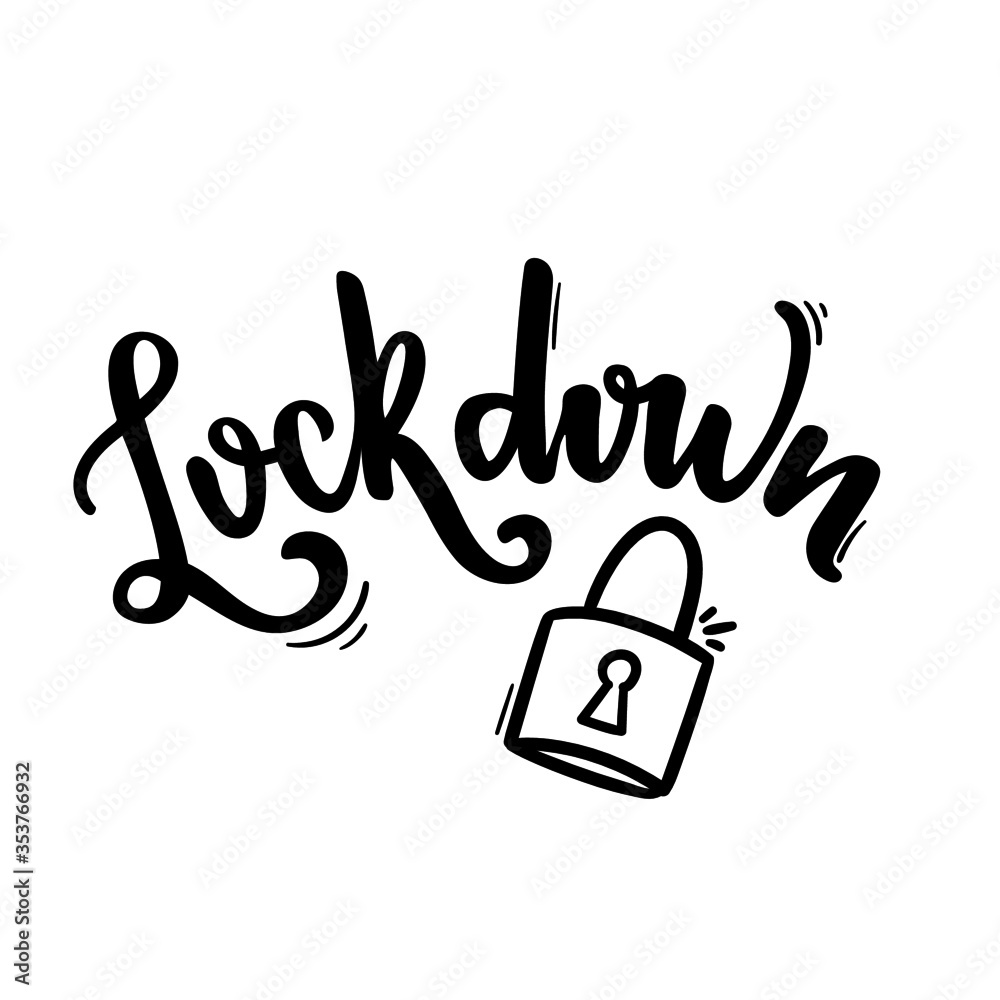 Obraz premium Lockdown Word in Hand Lettering Design With Padlock Draw. Vector.