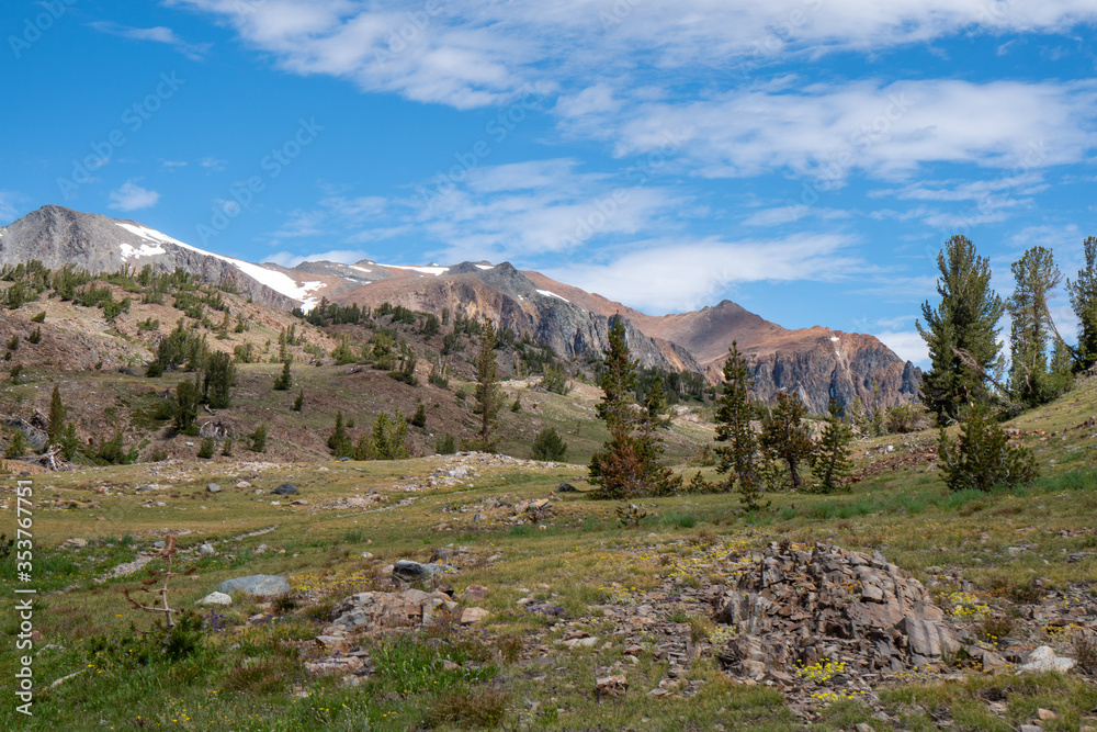 The Saddlebag Lake hiking trail in Mono County California, near Tioga Pass, alpine meadow and mountains