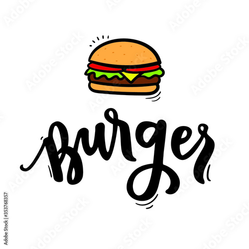 Burger Word with Hand Lettering  Draw. Vector.