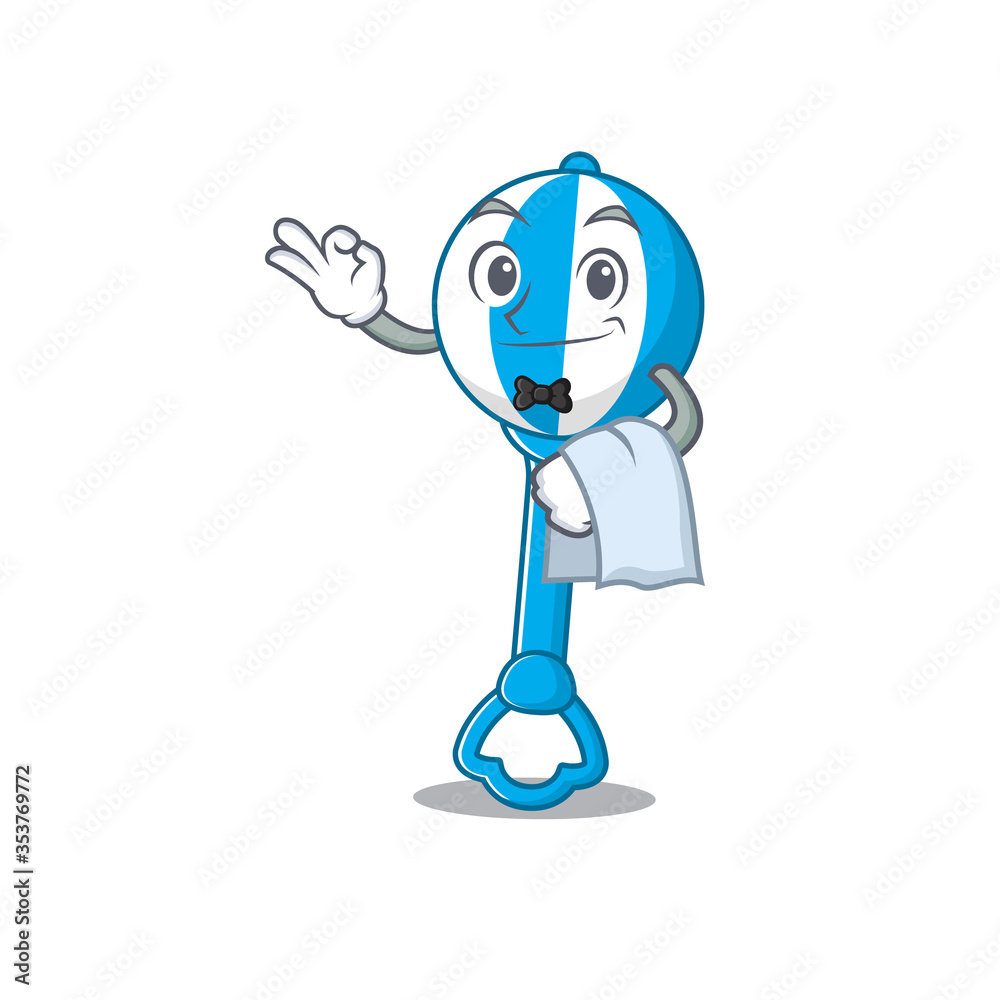 A cartoon picture of rattle toy waiter with a white napkin A cartoon picture of rattle toy waiter with a white napkin