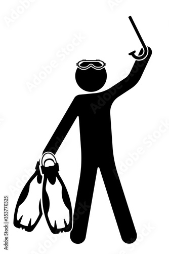 stick figure, man prepared to dive into the sea. Holding flippers and a snorkel in his hands. Good summer mood. Vacation Isolated vector on white background