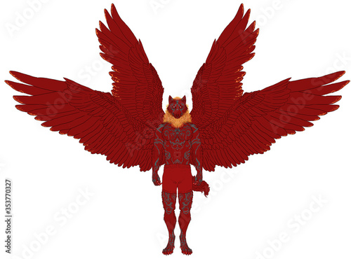 Illustrazione digitale di un lupo rosso antropomorfo con quattro ali piumate