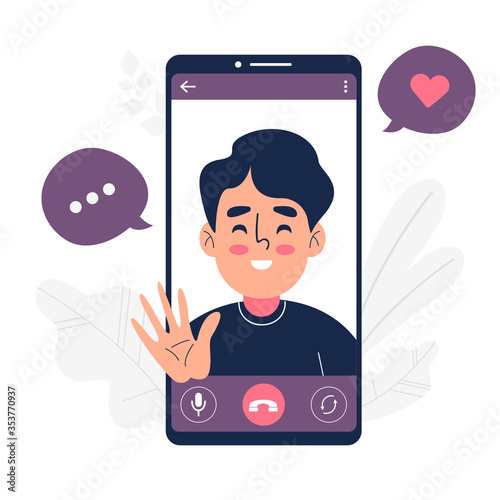 Happy man having video call on smartphone vector illustration