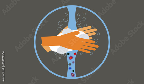 Hands vector washing with soap and clean water inside circle isolated on dark brown background