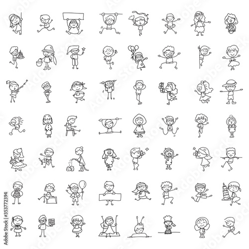 Set of hand drawing doodle happy kids cartoon character abstract people match stick style