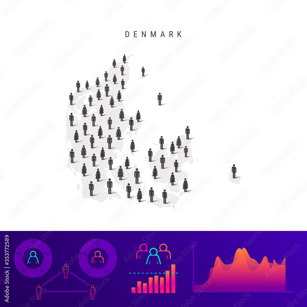 Danish people icon map. Detailed vector silhouette. Mixed crowd of men and women. Population infographics