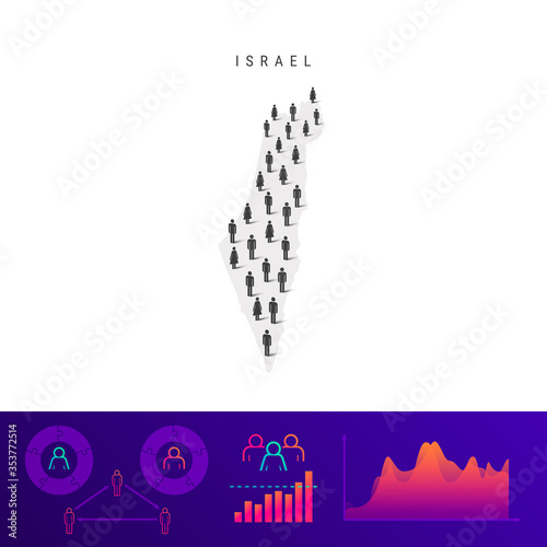Israeli people icon map. Detailed vector silhouette. Mixed crowd of men and women. Population infographics