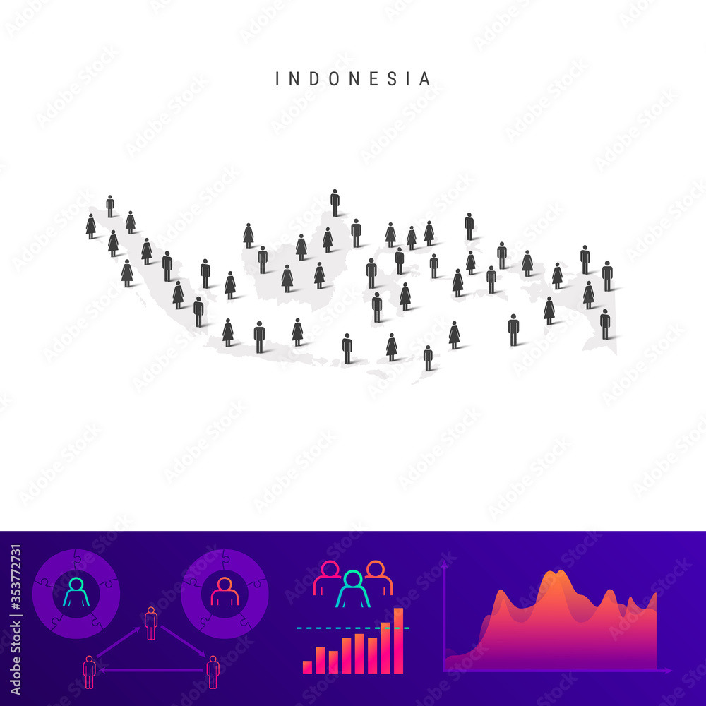 Indonesian people icon map. Detailed vector silhouette. Mixed crowd of men and women. Population infographics