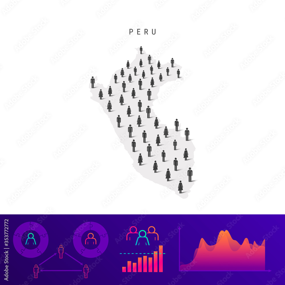 Obraz premium Peruvian people icon map. Detailed vector silhouette. Mixed crowd of men and women. Population infographics