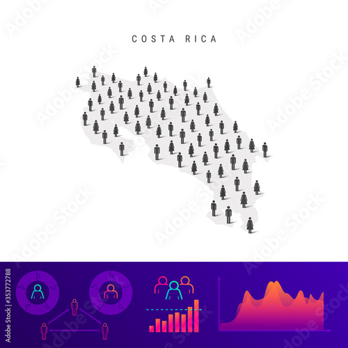 Costa Rican people icon map. Detailed vector silhouette. Mixed crowd of men and women. Population infographics