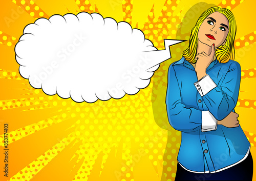 Portrait of happy young positive woman holding finger front of her jaw, thinking. Caucasian girl mulling. Comic book style, cartoon vector