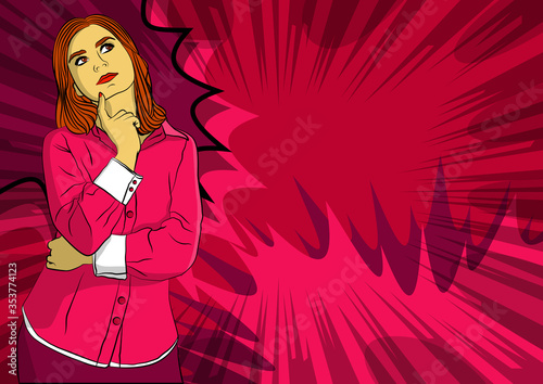 Portrait of happy young positive woman holding finger front of her jaw  thinking. Caucasian girl mulling. Comic book style  cartoon vector