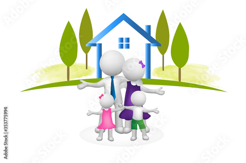 Logo family house trees 3D people stay at home concept vector image watercolor grass photo