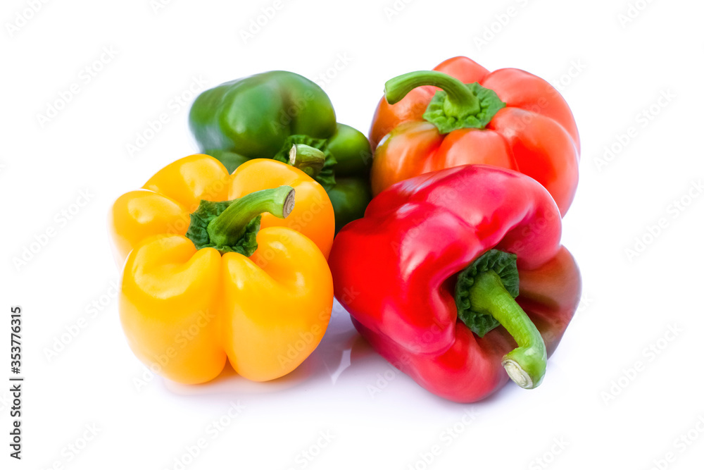 Closeup fresh whole and colors ; green, red, yellow bell peppers or capsicum isolated on white background. Closeup fresh whole and colors ; green, red, yellow bell peppers or capsicum isolated on white background.