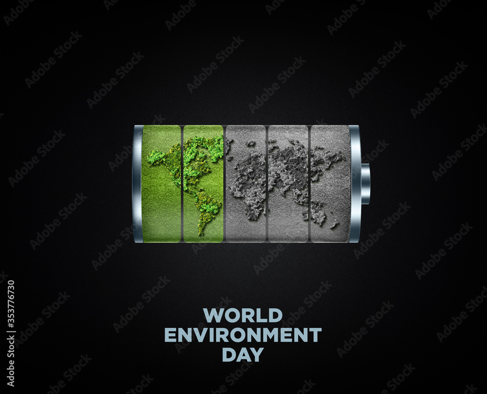 World environment day concept World/earth battery low for global