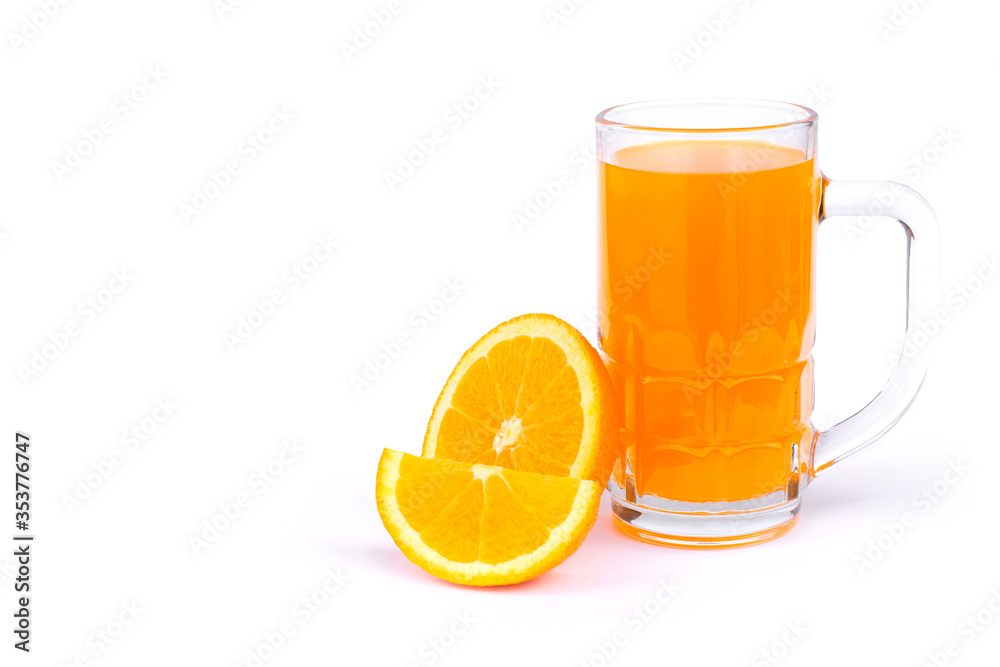 Closeup glass of fresh orange juice with whole and slice of tangerine or mandarin orange fruit and green leaf isolated on white background. Closeup glass of fresh orange juice with whole and slice of tangerine or mandarin orange fruit and green leaf isolated on white background.