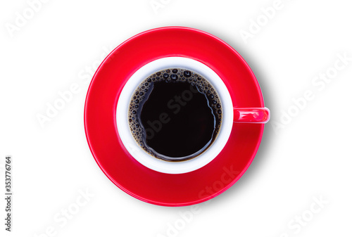 Closeup red ceramic cup of black coffee isolated on white background with clipping path. Top view. Flat lay.