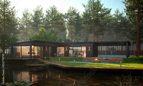 Photorealistic render building exterior in the outdoor 3d illustration