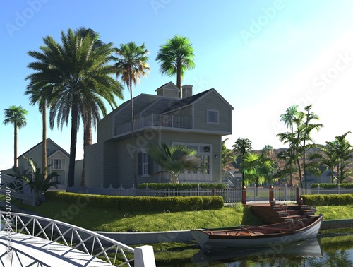 Photorealistic render building exterior in the outdoor 3d illustration