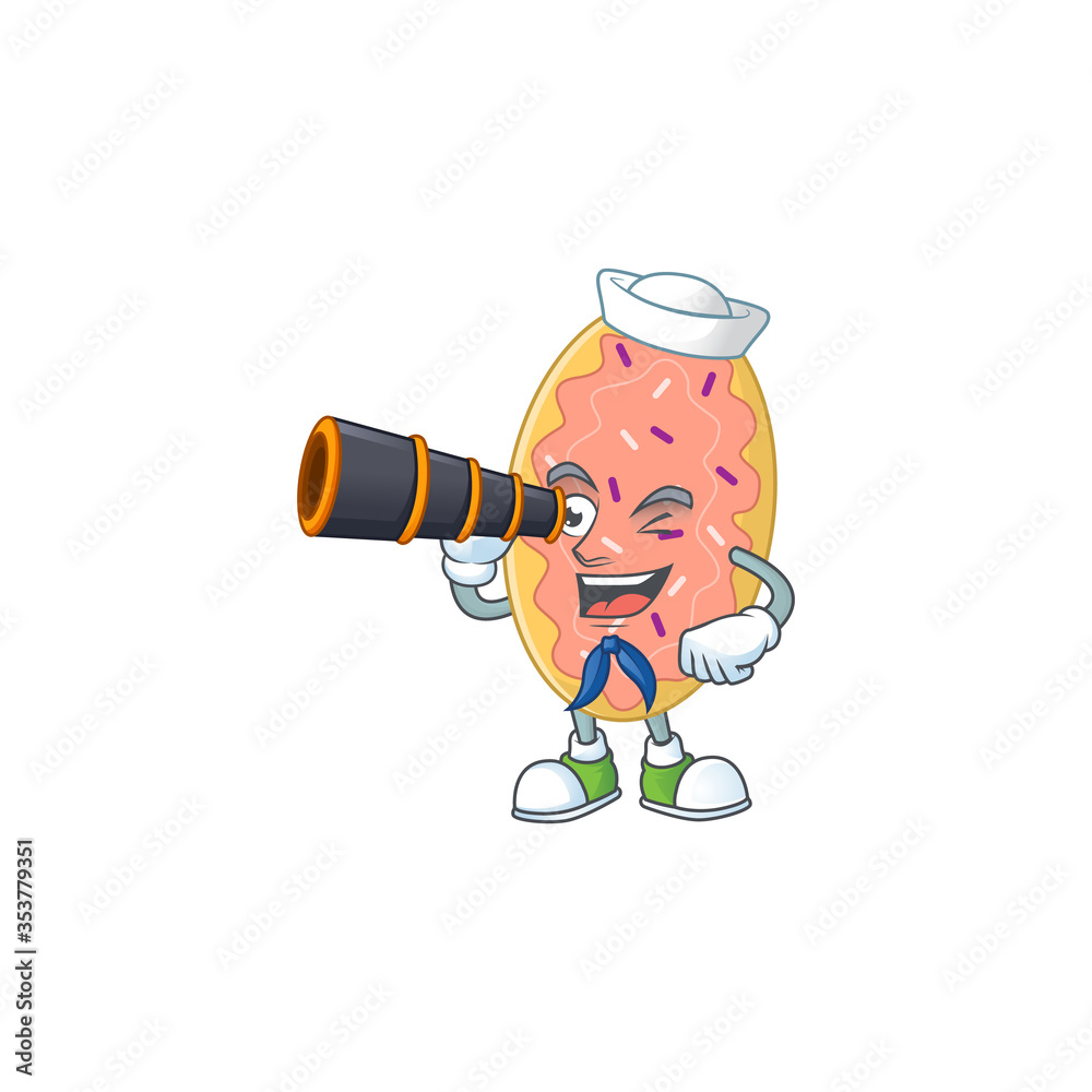 cartoon picture of bread in Sailor character using a binocular